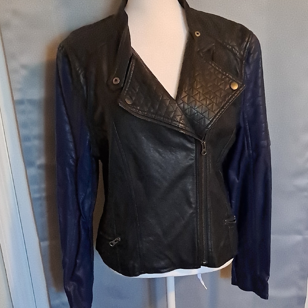 Purple and Black Leather Motorcycle Jacket with Asymmetrical Zipper